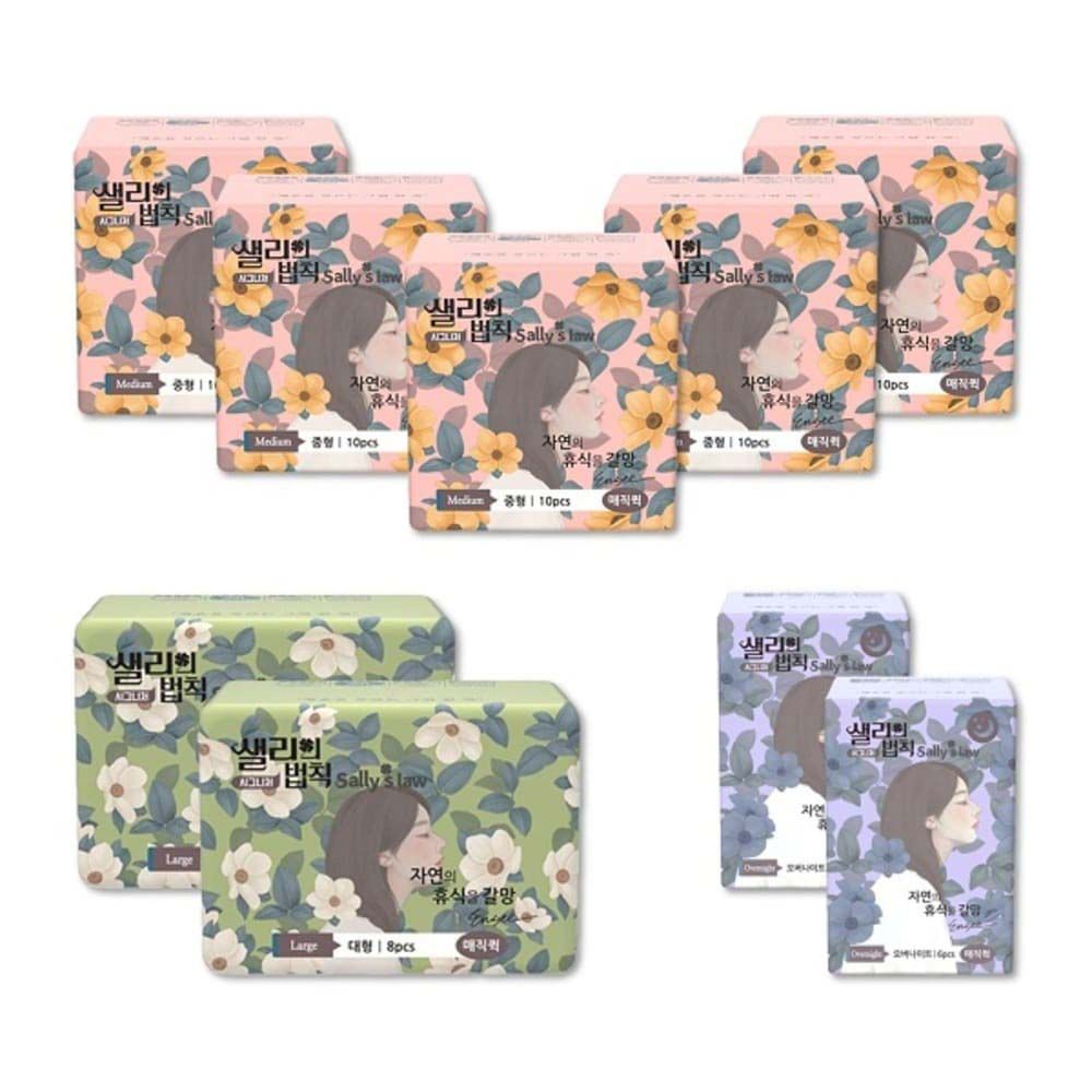 [SALLY'S LAW] Sanitary Pads Signiture Magic Quick Medium 5packs+Large 2packs+Overnight 2packs - 100% PLA Cover, Cushioned comfort, Eucalyptus Scent - Made in Korea